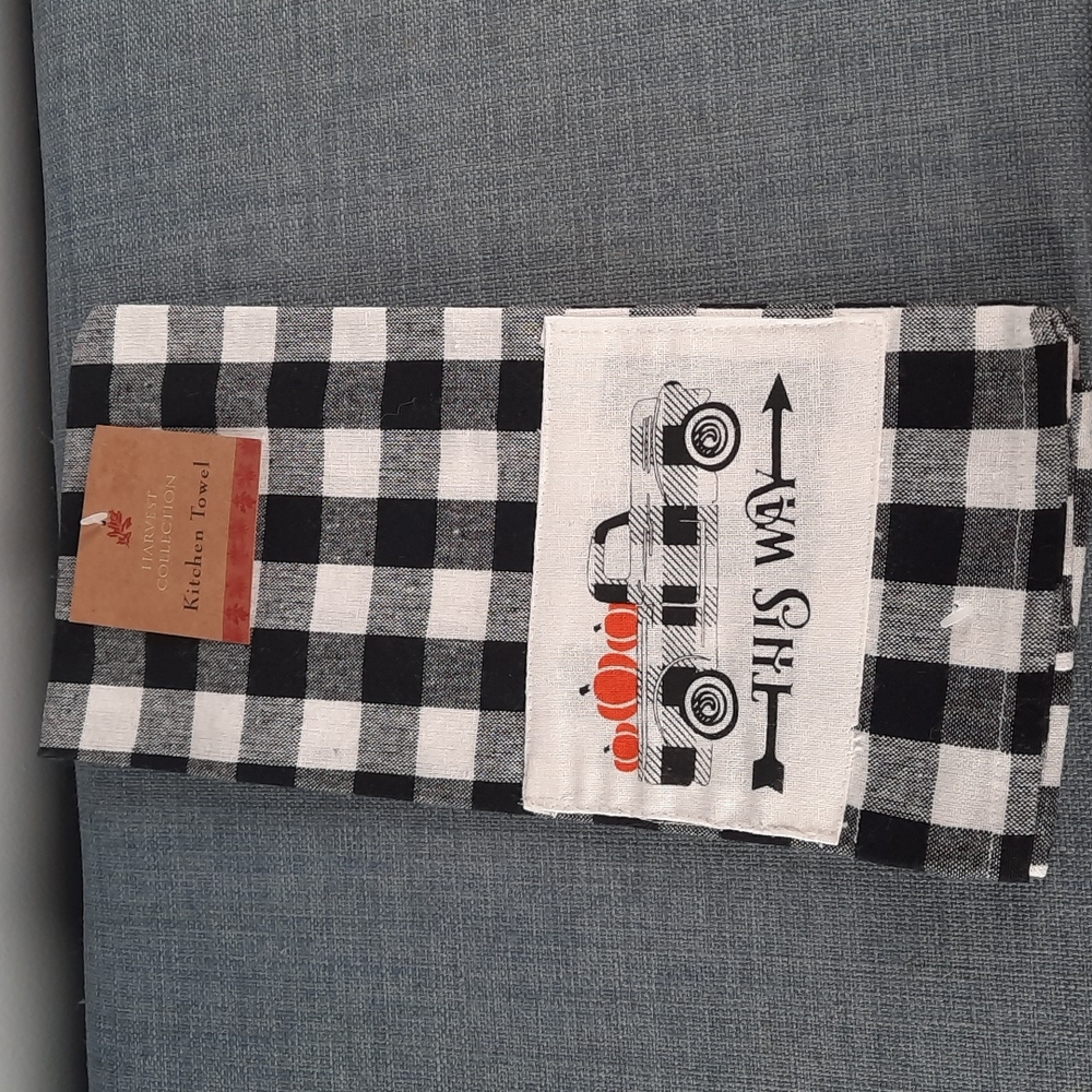 Fall Truck With Pumpkins This Way Black White Check Cotton Kitchen Dish Towel